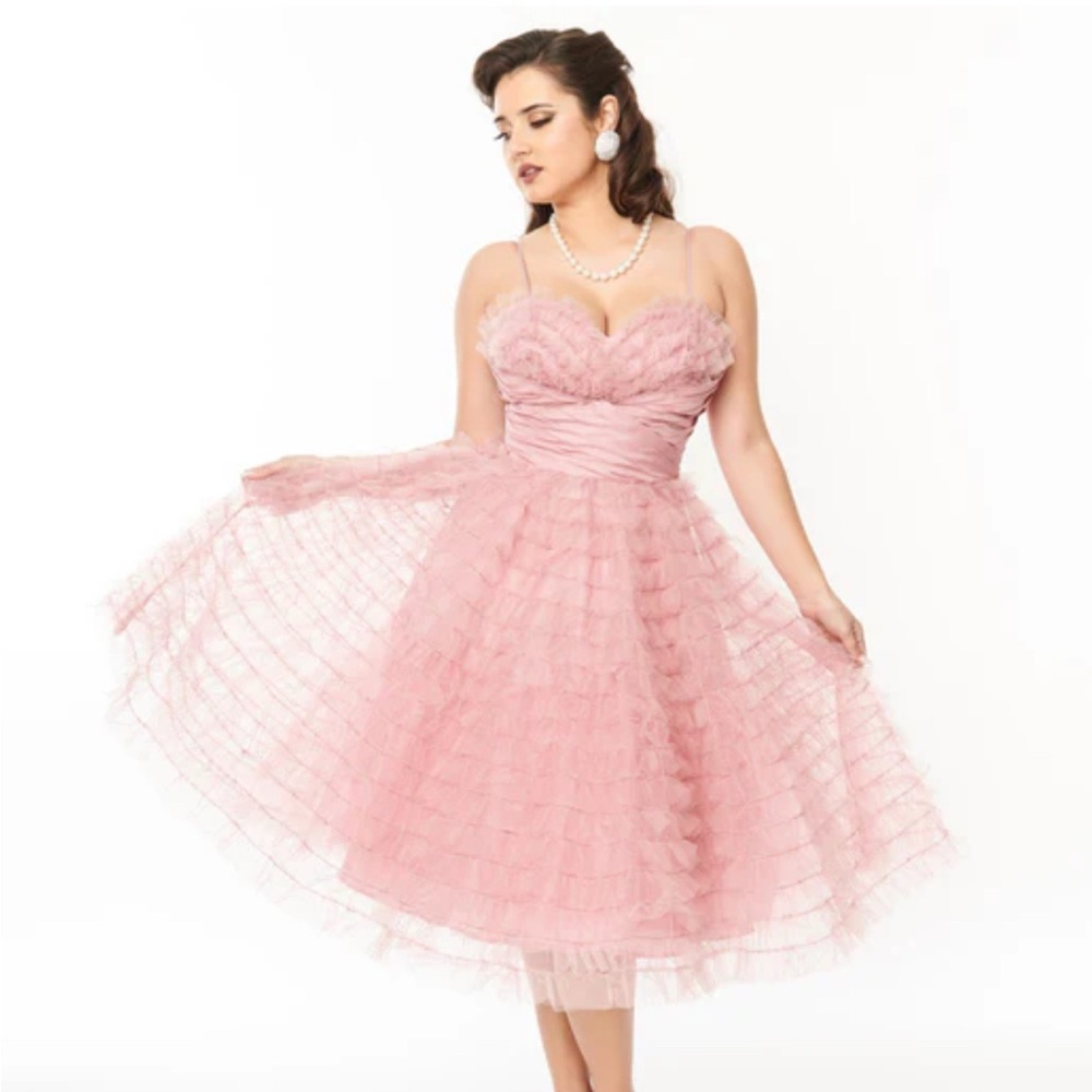 Unique Vintage Pink Ruffled Prom Dress
